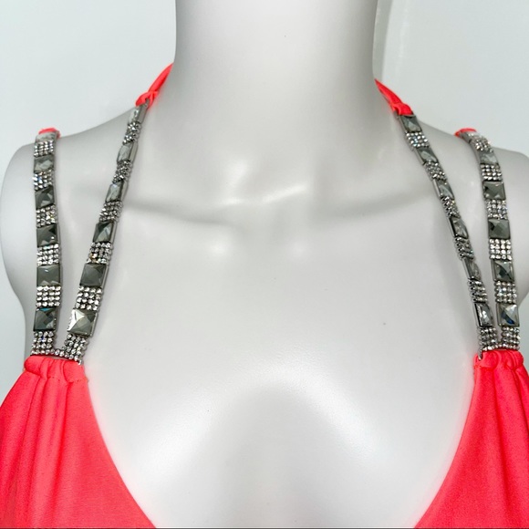 BEACH BUNNY Cosmic Crystal/Rhinestone Coral Bikini swim Set Large/Small neon